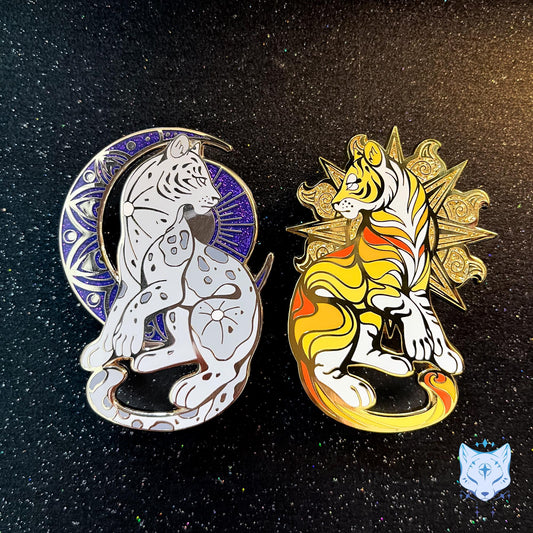Sun & Moon Leopard and Tiger pins - 65mm/2.55" tall Space Cat enamel pins