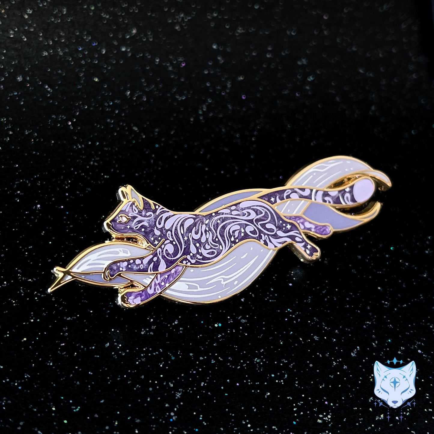 Calcium Comet Cat Pin - 2.75" long Purple Space Cat Pin