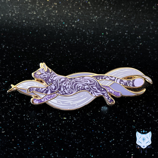 Calcium Comet Cat Pin - 2.75" long Purple Space Cat Pin