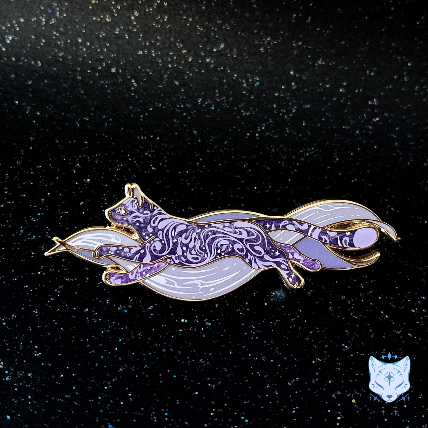 Calcium Comet Cat Pin - 2.75" long Purple Space Cat Pin