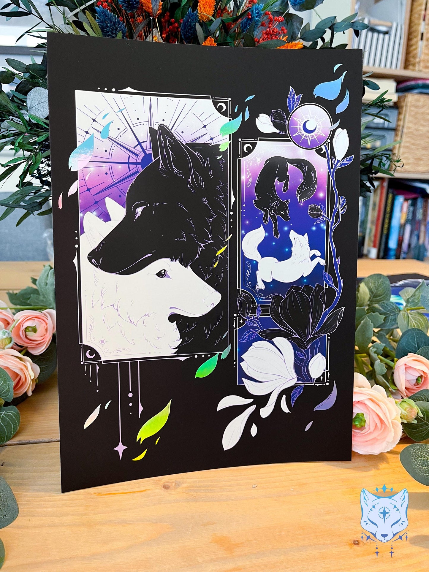 Purple Lunar Wolves - A4 Holographic Foil Art print