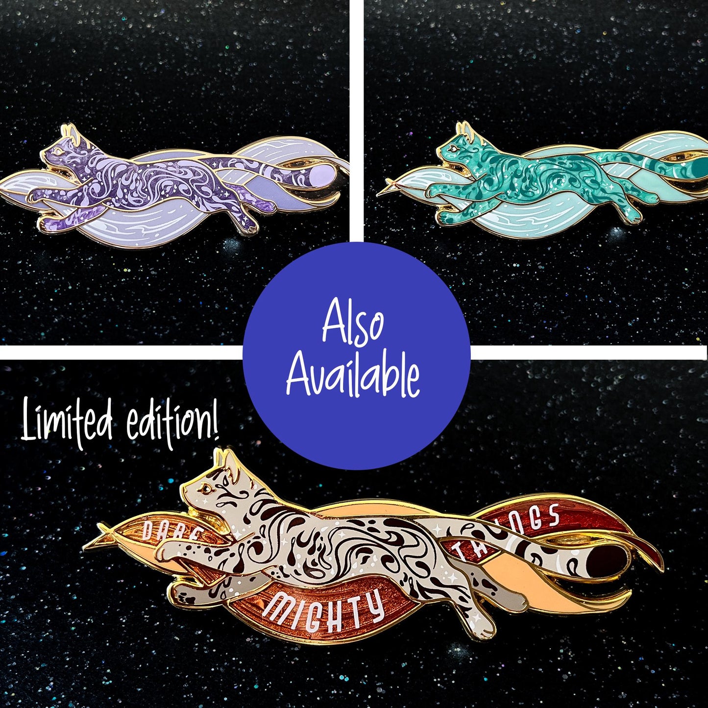 Calcium Comet Cat Pin - 2.75" long Purple Space Cat Pin