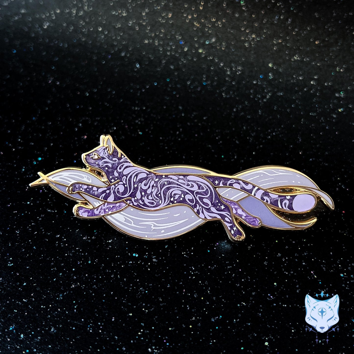 Calcium Comet Cat Pin - 2.75" long Purple Space Cat Pin
