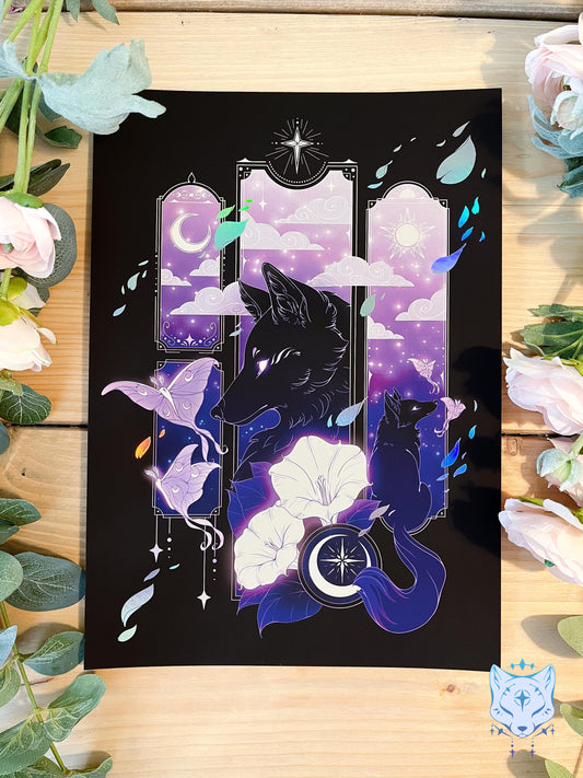 Purple Lunar Moth & Fox - A4 Holographic Foil Art print