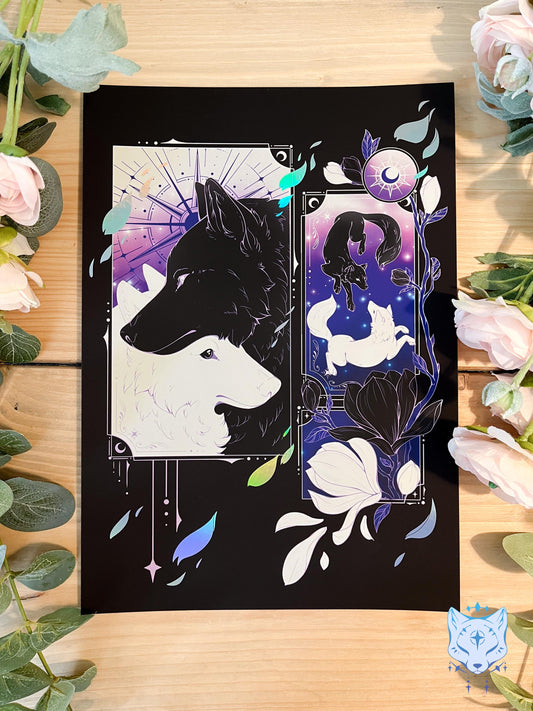 Purple Lunar Wolves - A4 Holographic Foil Art print
