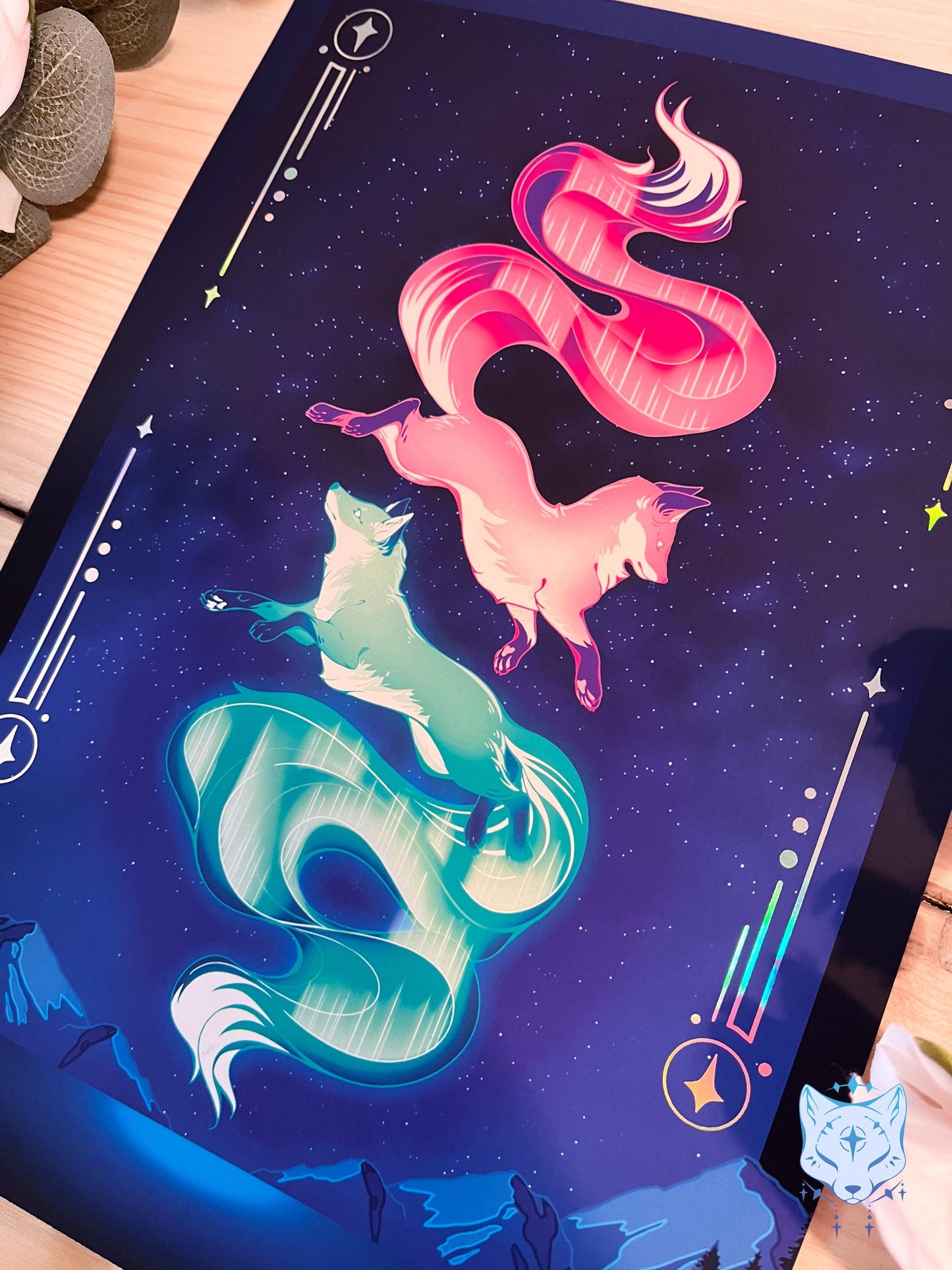 Aurora Foxes - A5 Holographic Foil Aurora Borealis Print