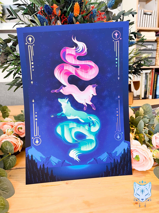 Aurora Foxes - A5 Holographic Foil Aurora Borealis Print