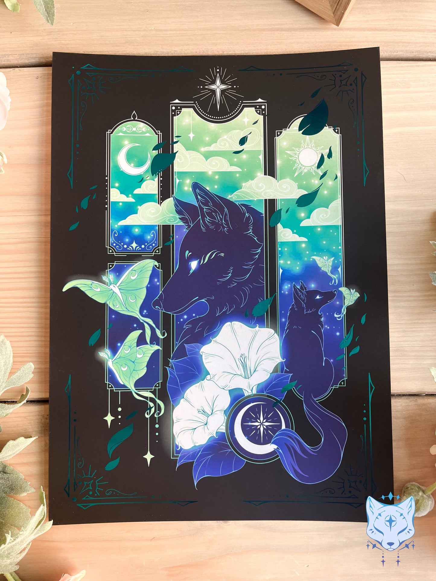 Teal Lunar Moth & Fox - A4 LIMITED EDITION Teal Foil Art print