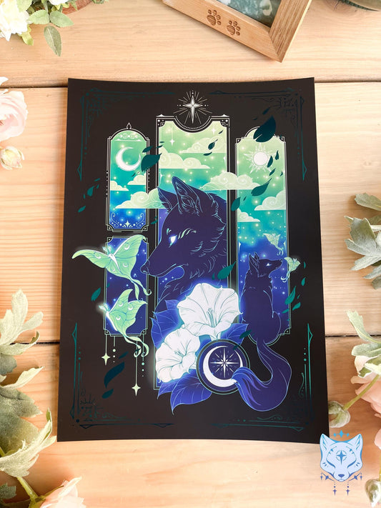 Teal Lunar Moth & Fox - A4 LIMITED EDITION Teal Foil Art print