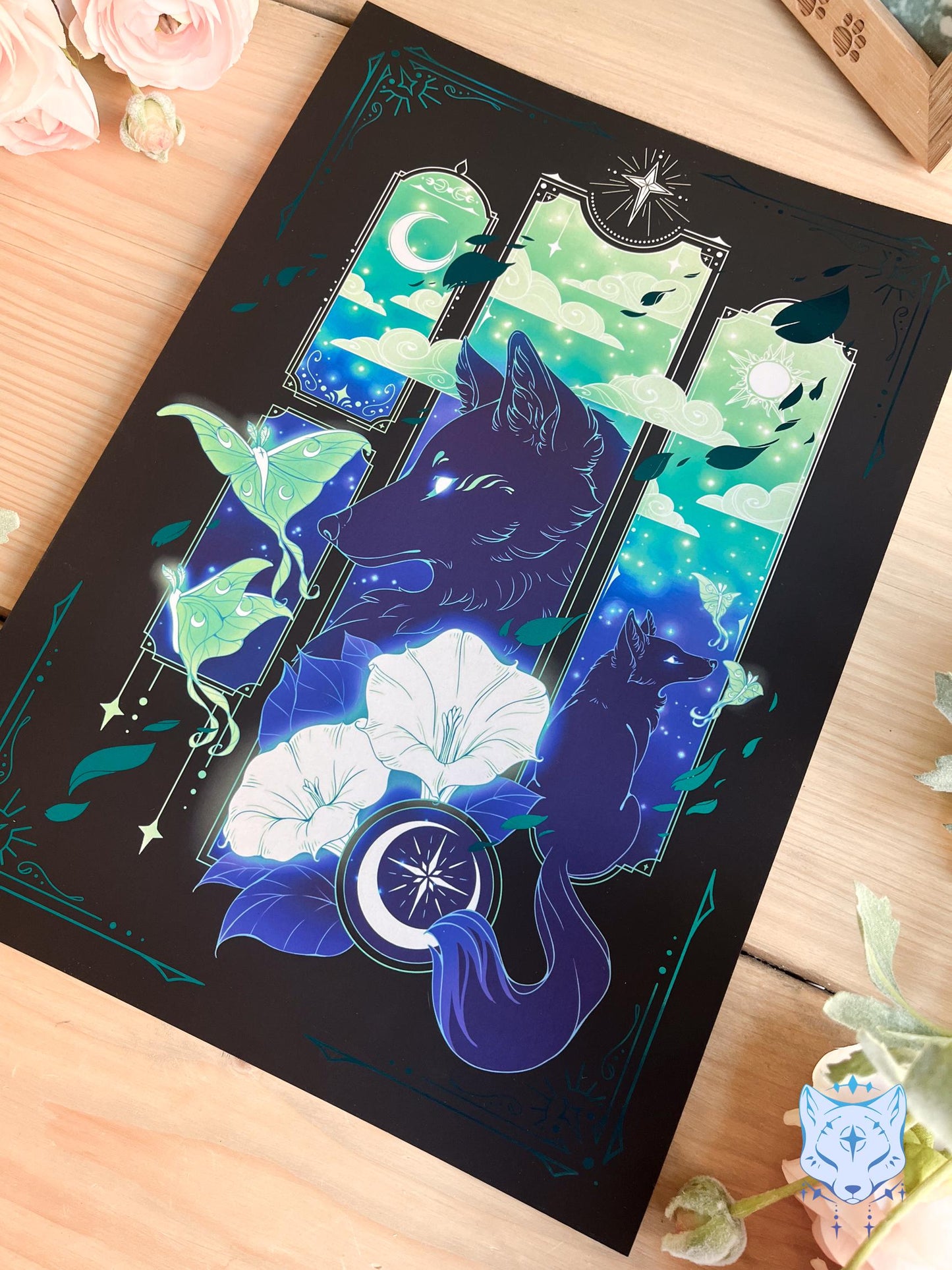 Teal Lunar Moth & Fox - A4 LIMITED EDITION Teal Foil Art print