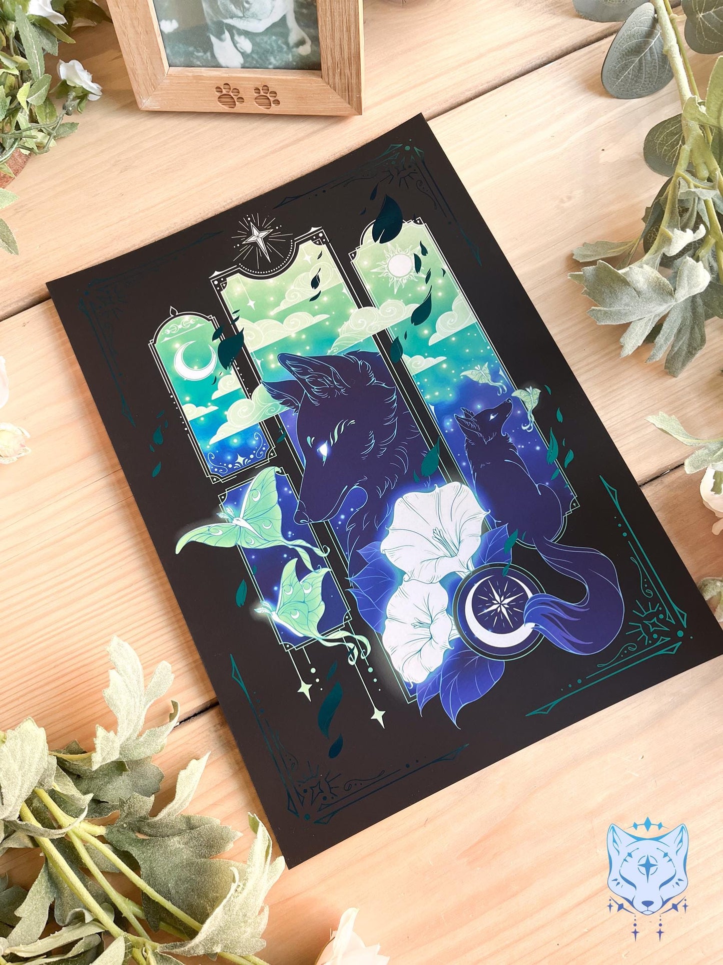 Teal Lunar Moth & Fox - A4 LIMITED EDITION Teal Foil Art print