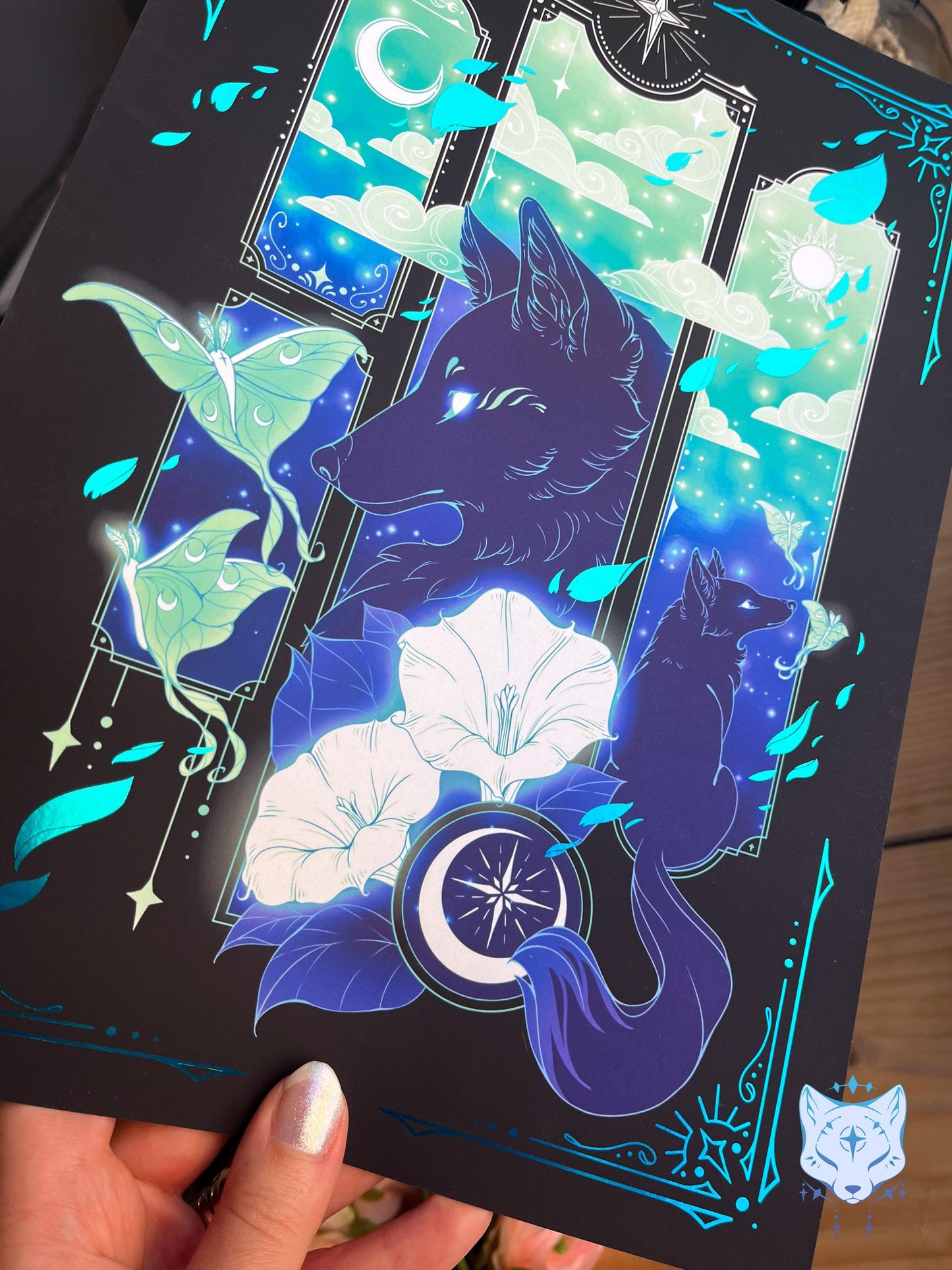 Teal Lunar Moth & Fox - A4 LIMITED EDITION Teal Foil Art print