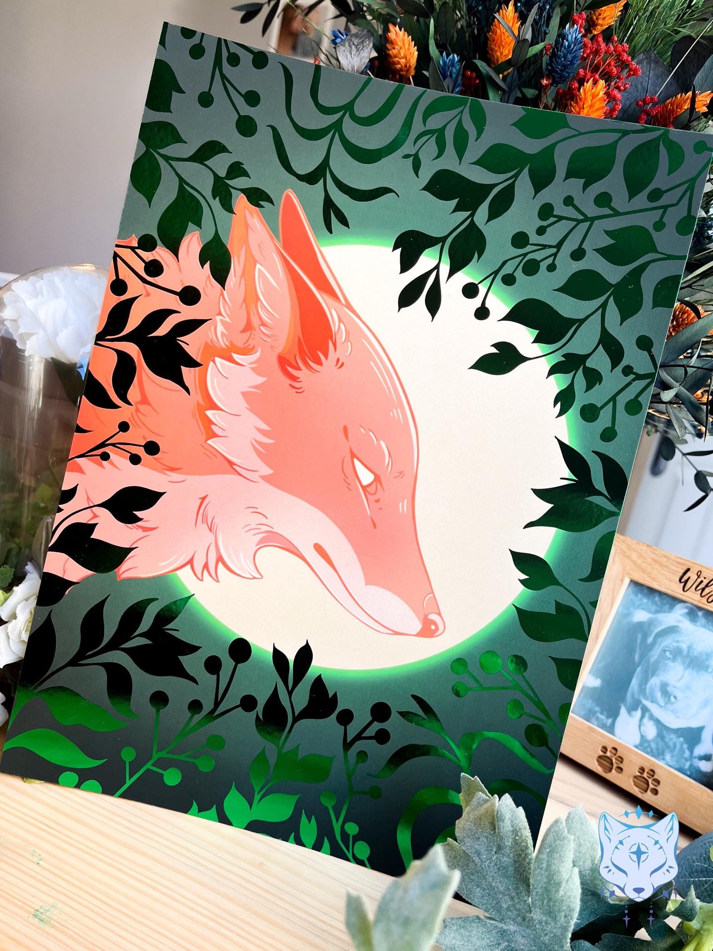 Whisper to the Moon - Green Foil Fox Foil Art print | Signed & Numbered