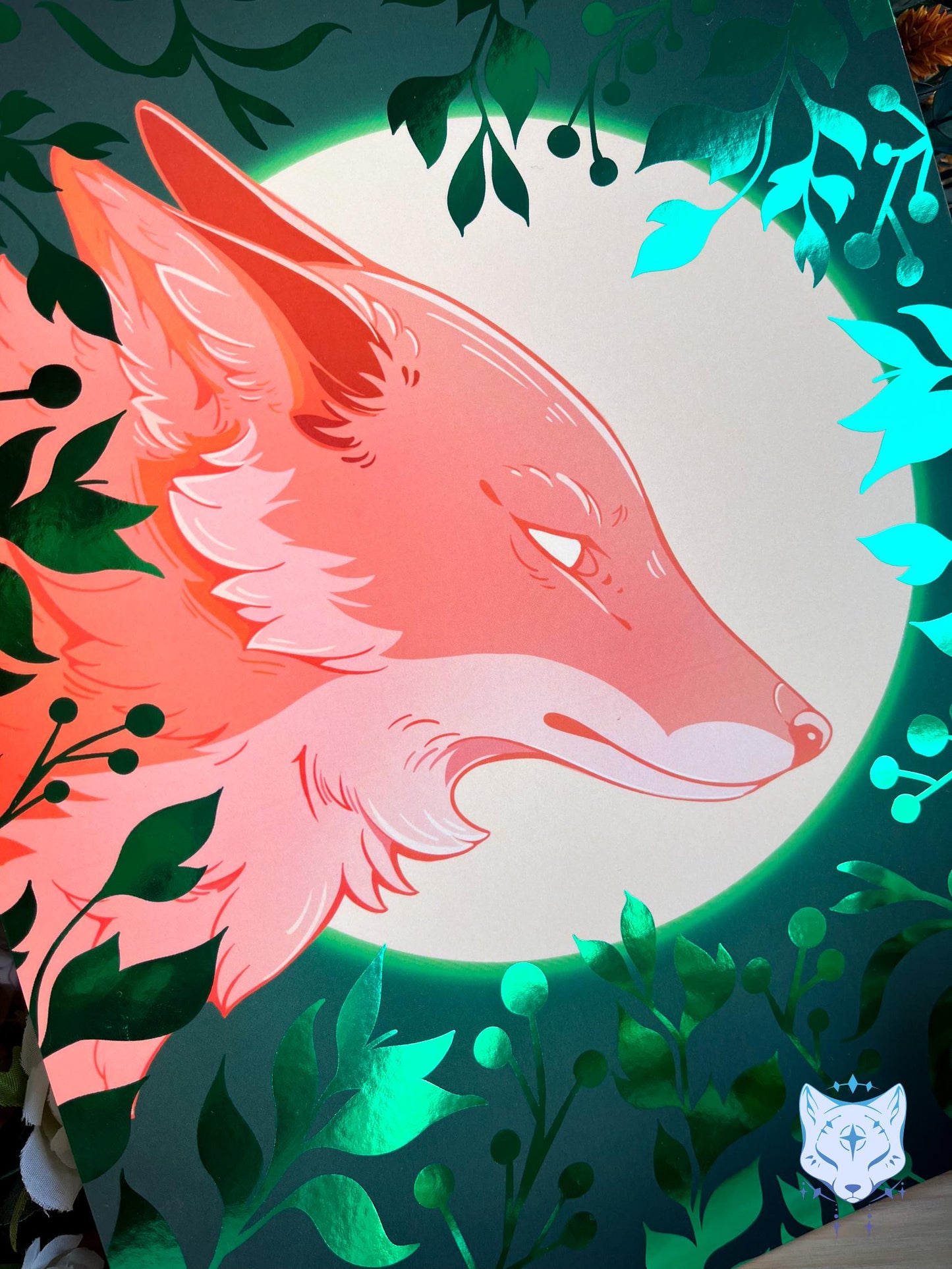 Whisper to the Moon - Green Foil Fox Foil Art print | Signed & Numbered