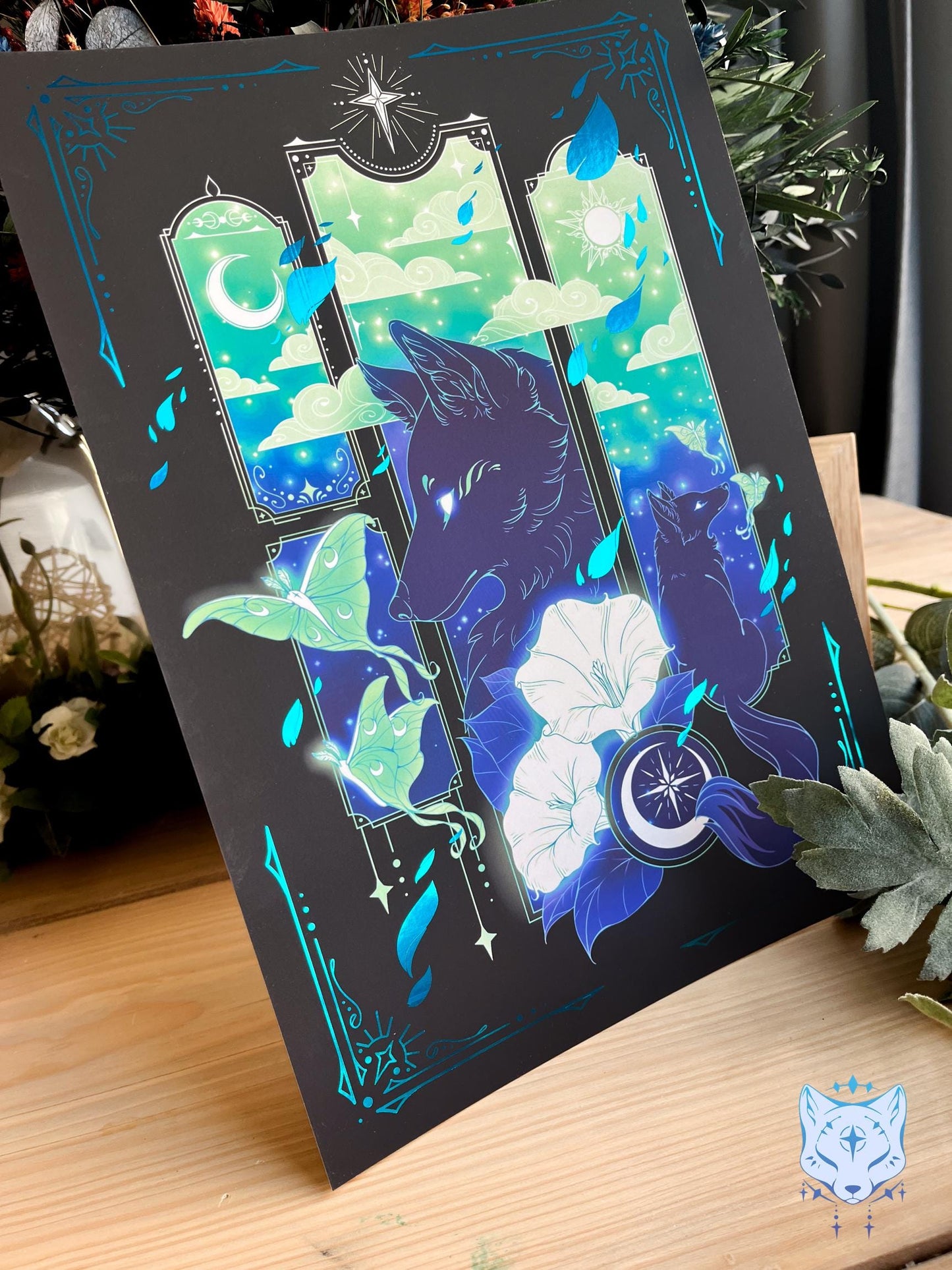 Teal Lunar Moth & Fox - A4 LIMITED EDITION Teal Foil Art print