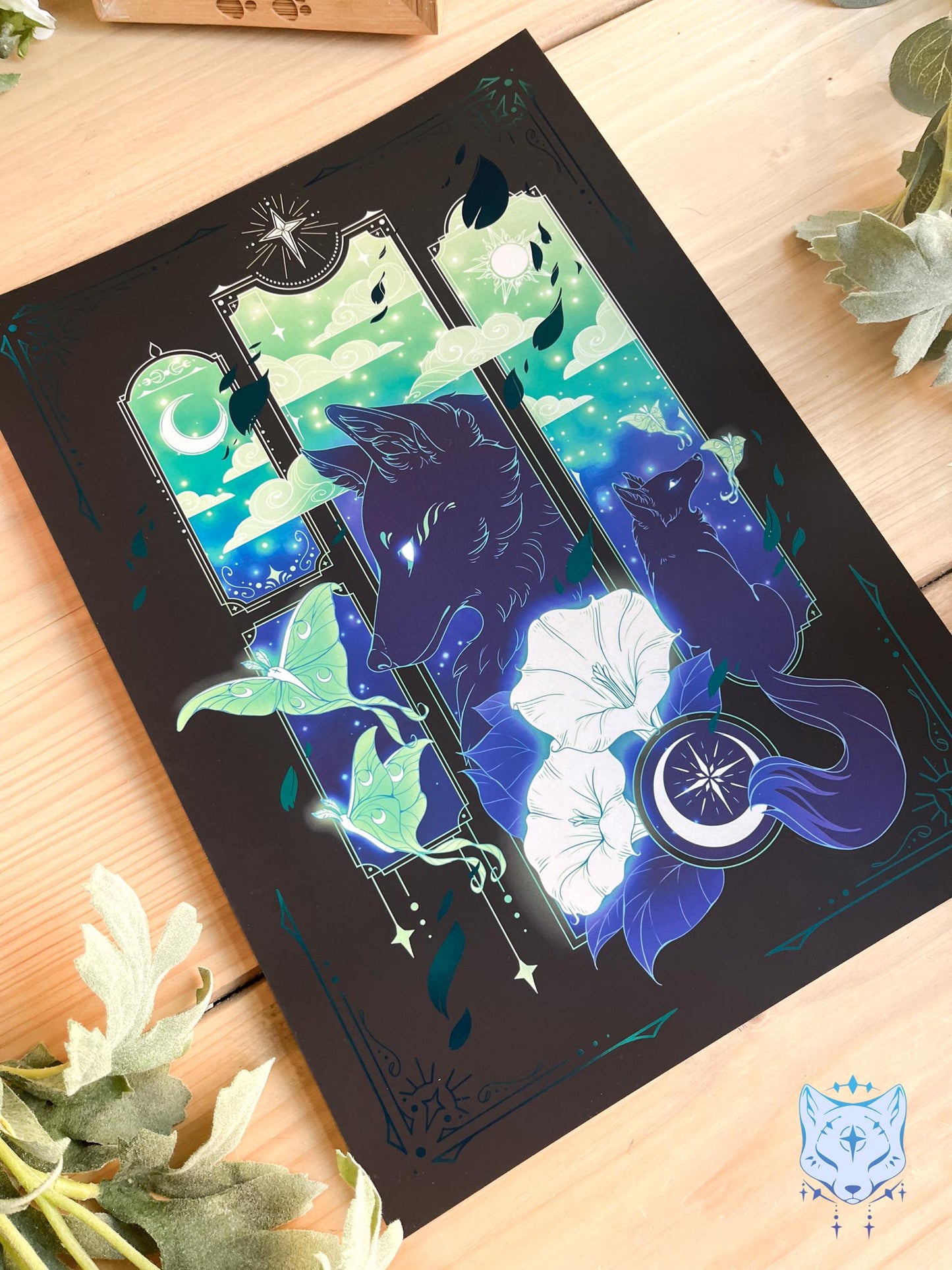 Teal Lunar Moth & Fox - A4 LIMITED EDITION Teal Foil Art print