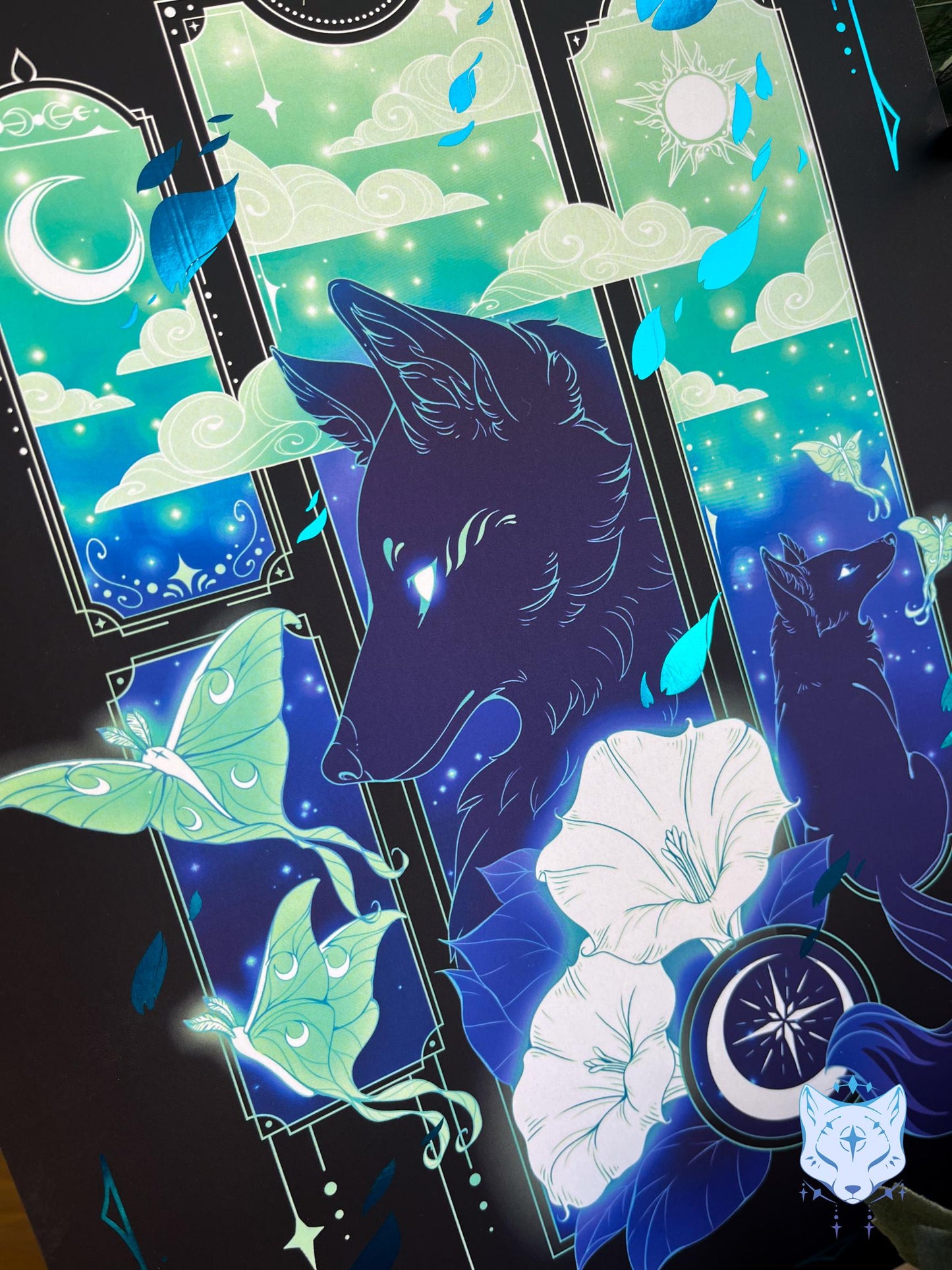 Teal Lunar Moth & Fox - A4 LIMITED EDITION Teal Foil Art print