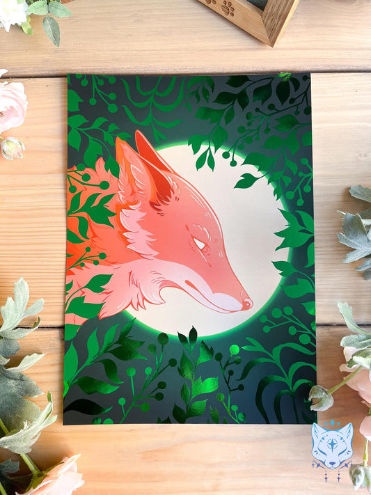 Whisper to the Moon - Green Foil Fox Foil Art print | Signed & Numbered