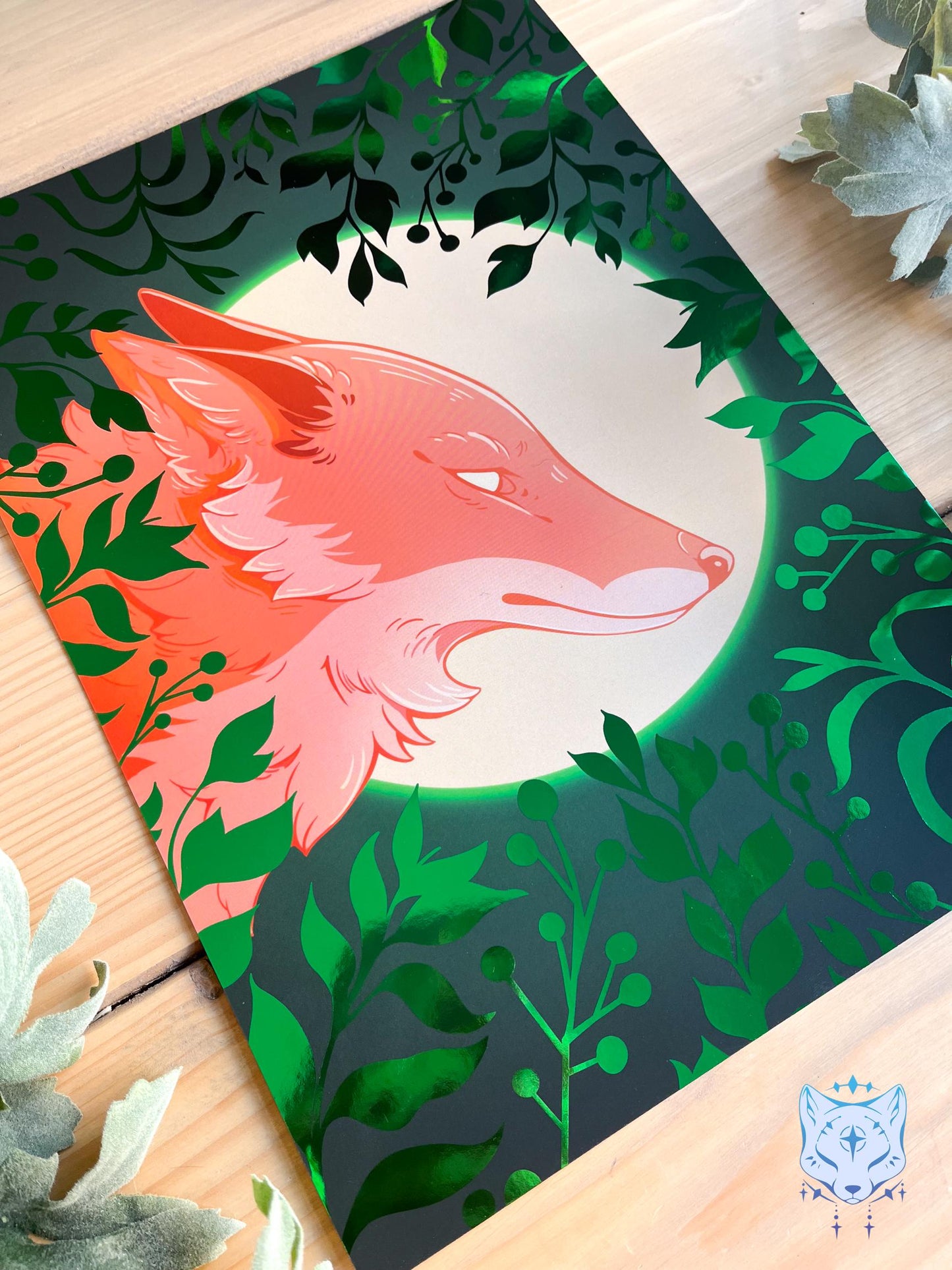 Whisper to the Moon - Green Foil Fox Foil Art print | Signed & Numbered