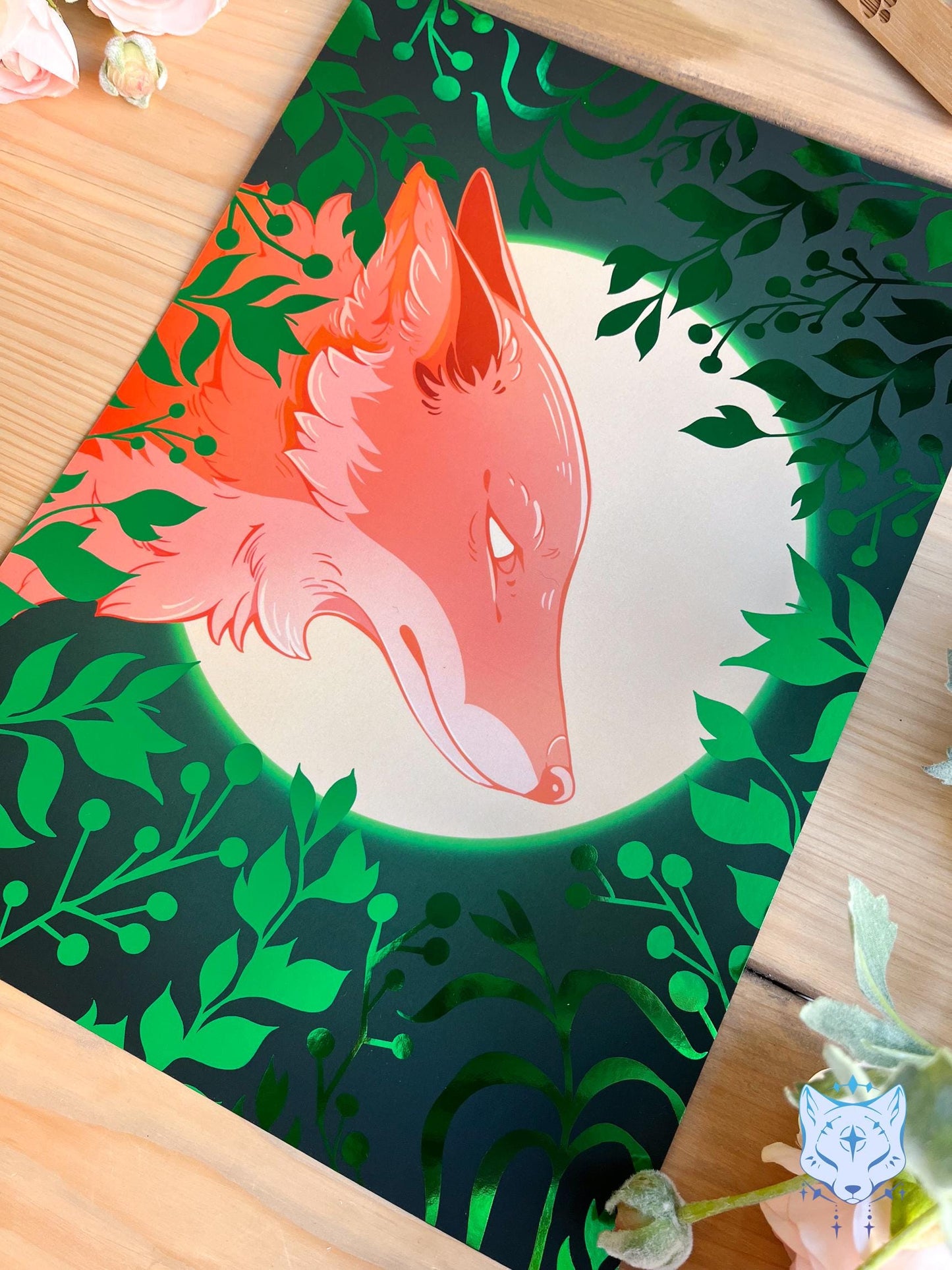 Whisper to the Moon - Green Foil Fox Foil Art print | Signed & Numbered