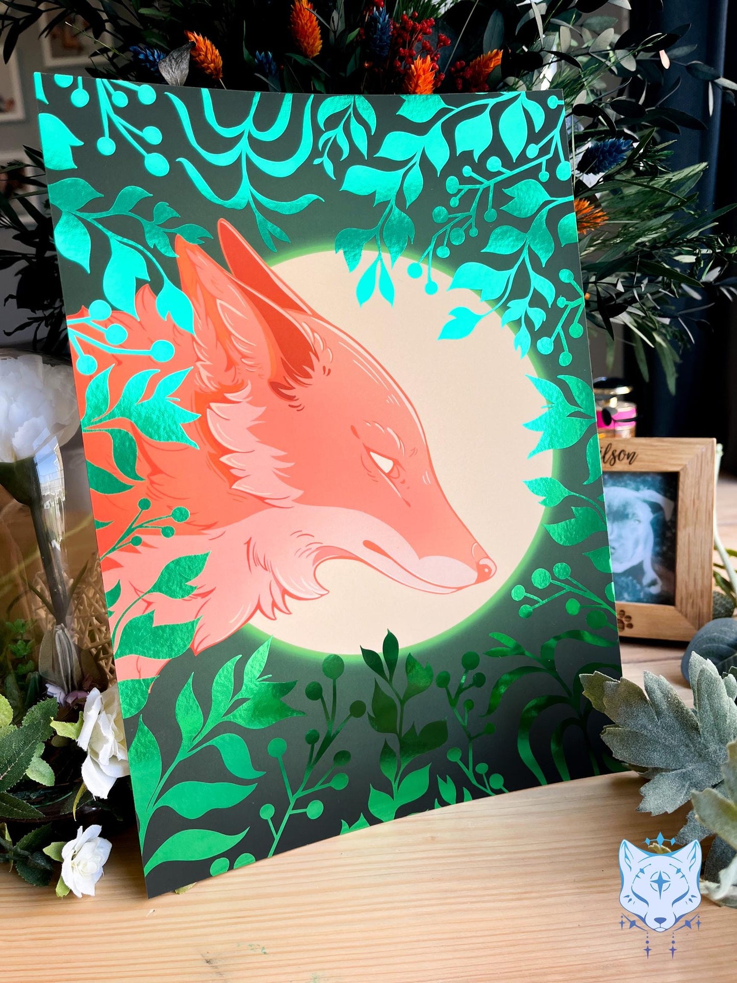Whisper to the Moon - Green Foil Fox Foil Art print | Signed & Numbered