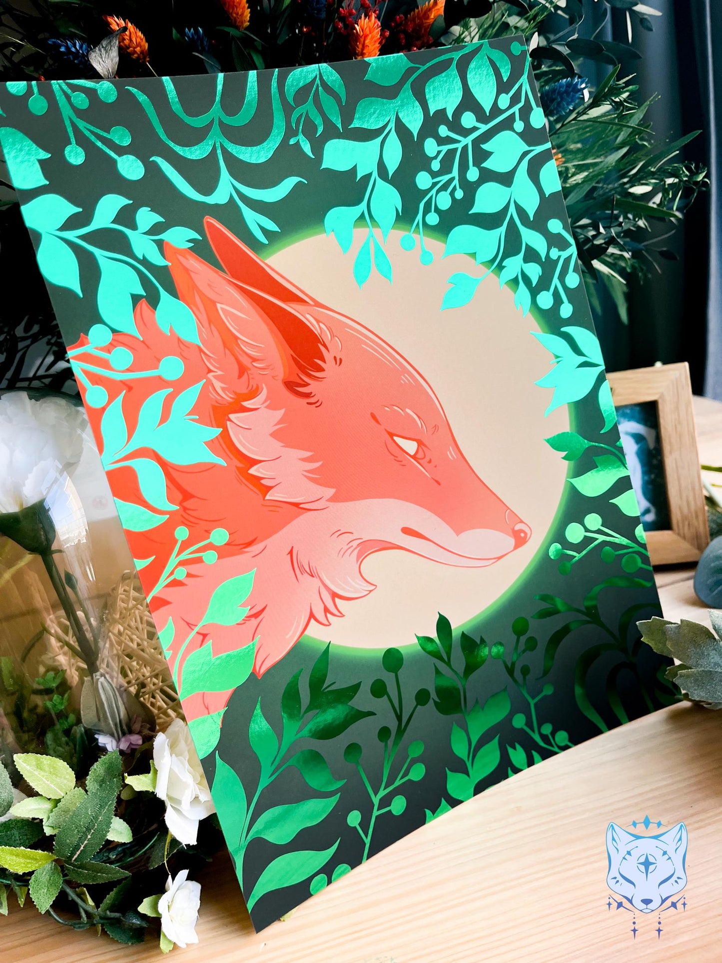 Whisper to the Moon - Green Foil Fox Foil Art print | Signed & Numbered