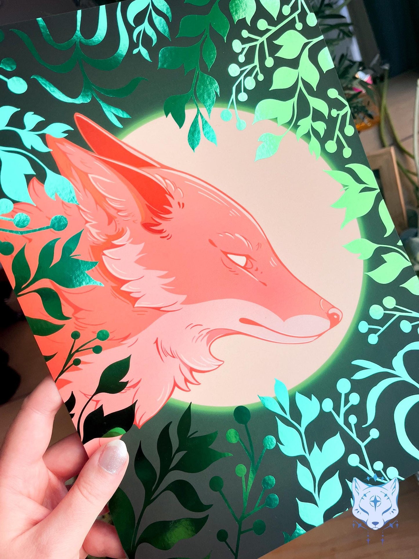 Whisper to the Moon - Green Foil Fox Foil Art print | Signed & Numbered