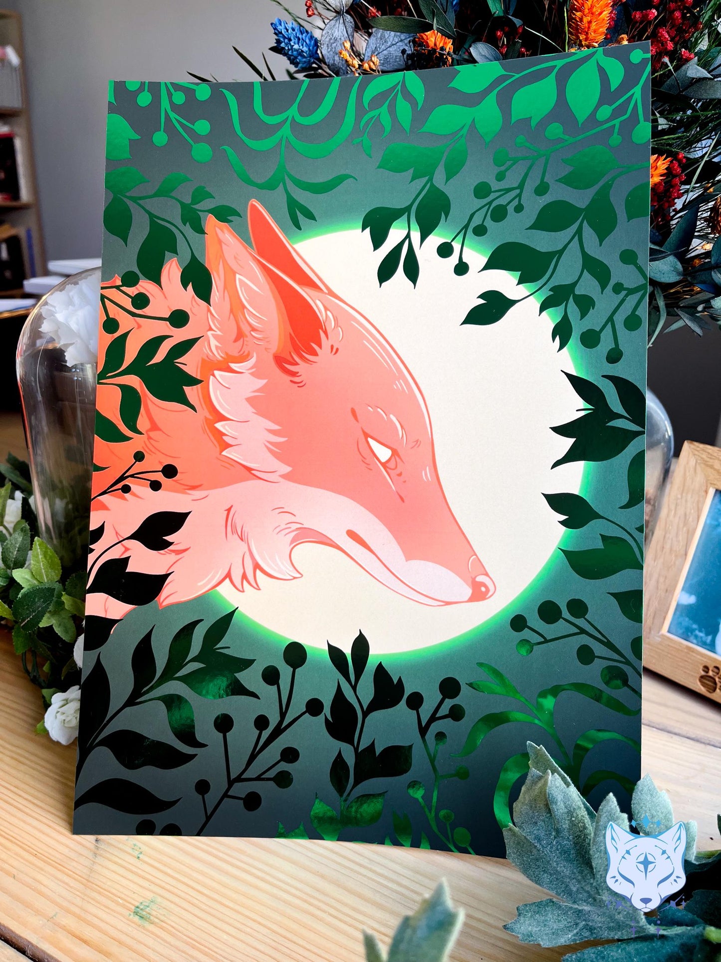 Whisper to the Moon - Green Foil Fox Foil Art print | Signed & Numbered