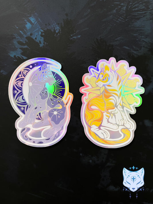 Sun & Moon Holographic Cat stickers | 8cm tall