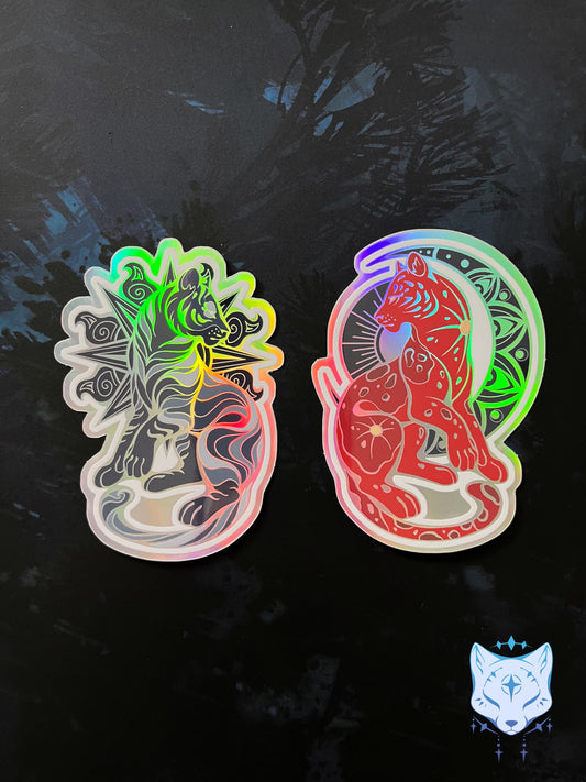 Black Sun & Blood Moon Holographic Cat stickers | 8cm tall