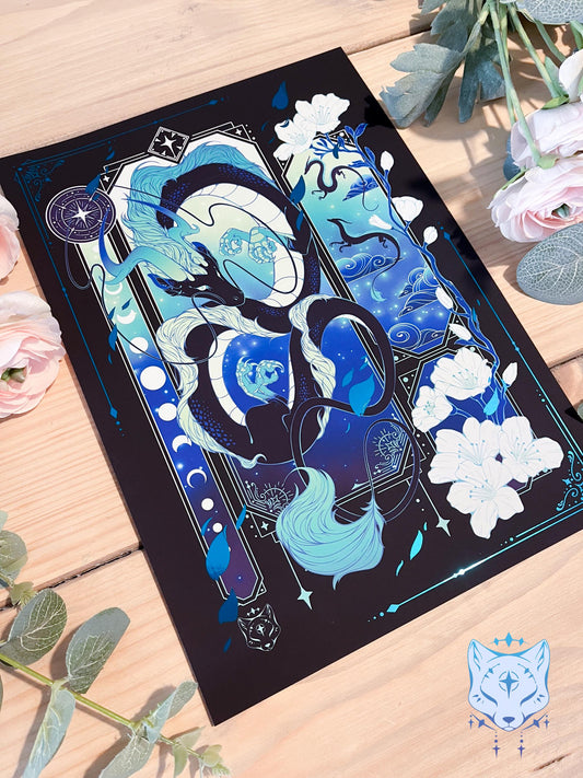 Black & Teal Asian Dragon - A4 LIMITED EDITION Teal Foil Art print