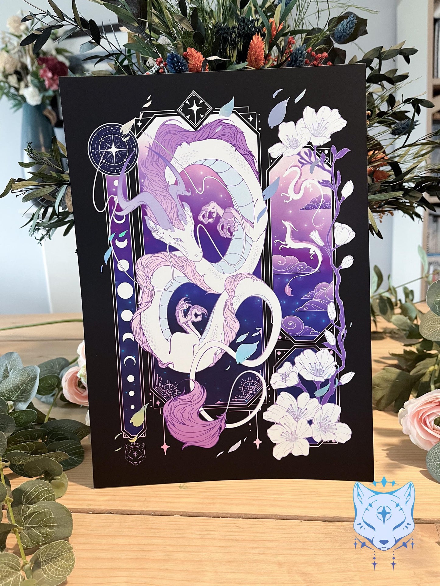 Purple & White Asian Dragon - A4 Holographic Foil Art print