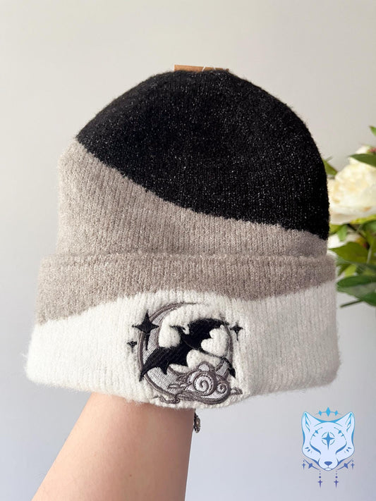 Celestial Moon Dragon - Black & Cream Embroidered Beanie