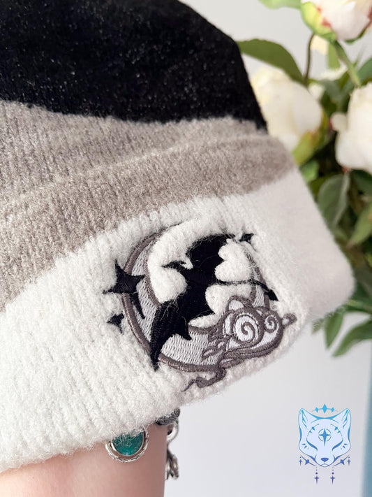 Celestial Moon Dragon - Black & Cream Embroidered Beanie