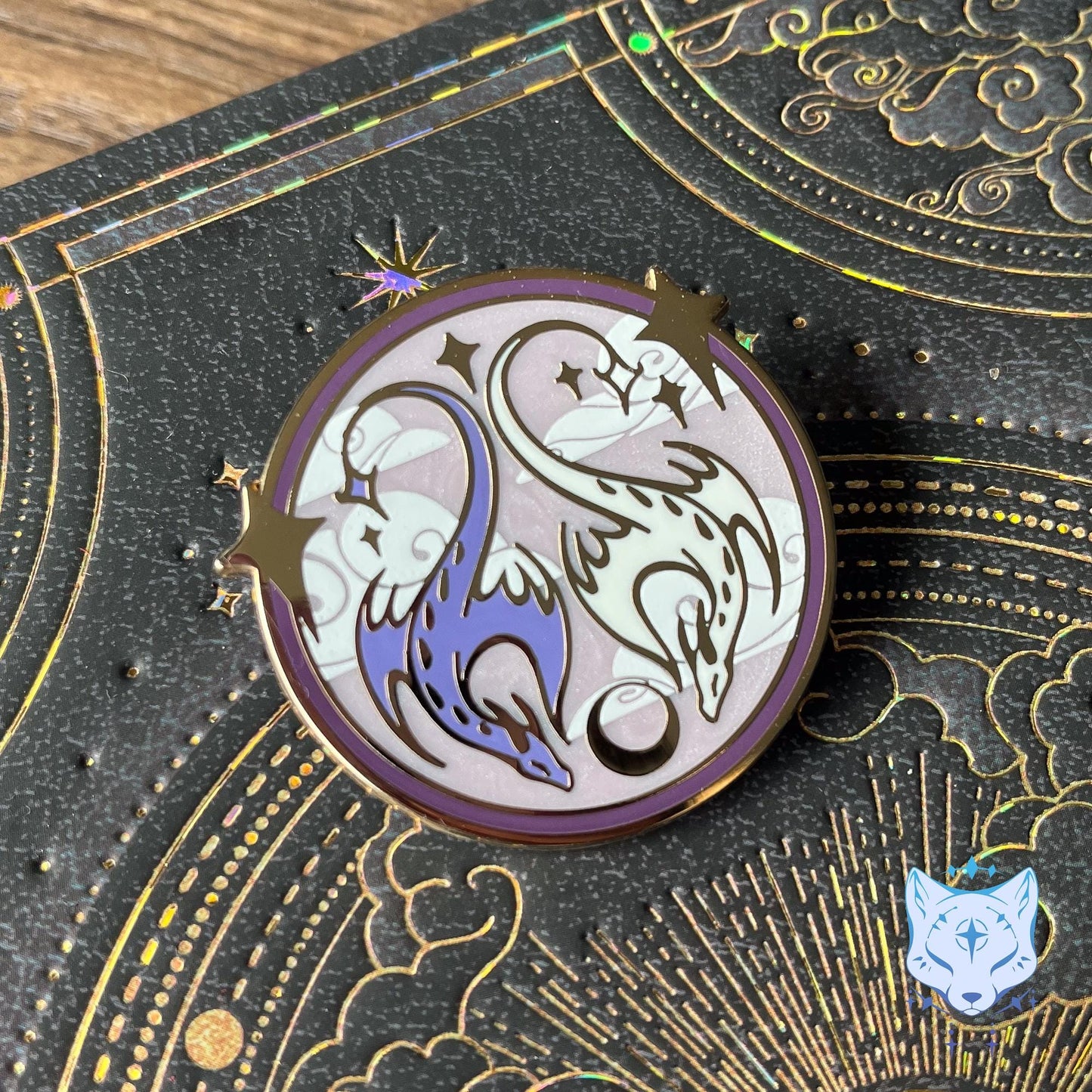 Purple & White Dragon Medallion Enamel Pin - 45mm Gold Finish