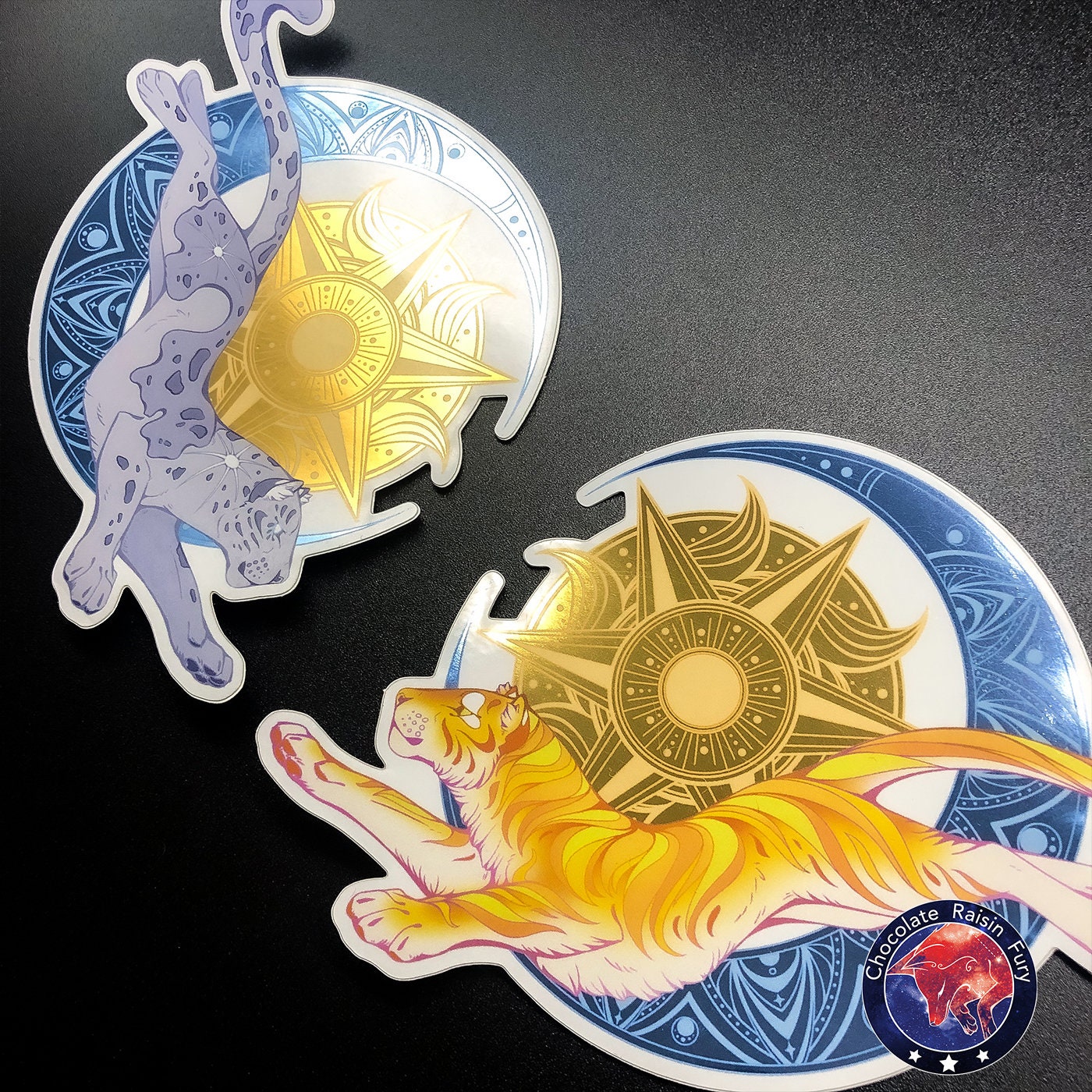 Sun & Moon Cat Planets - Large 10cm Metallic sticker, tiger sticker, animal sticker, Moon leopard, leopard sticker, cat laptop sticker