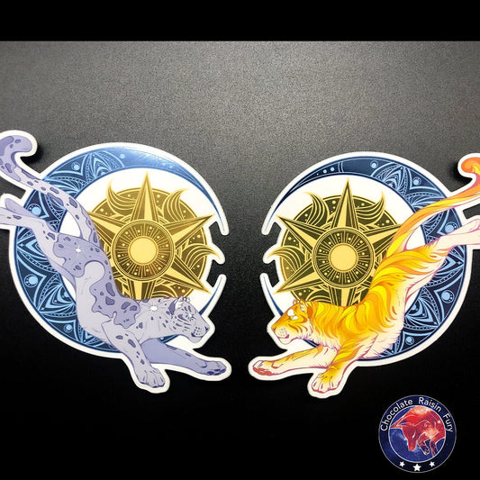Sun & Moon Cat Planets - Large 10cm Metallic sticker, tiger sticker, animal sticker, Moon leopard, leopard sticker, cat laptop sticker