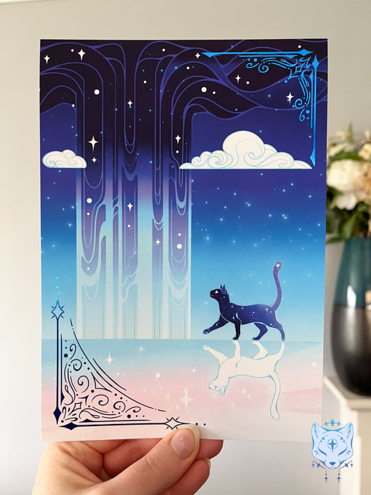 Reflection Waterfall - A5 Blue Foil Celestial Cat Print