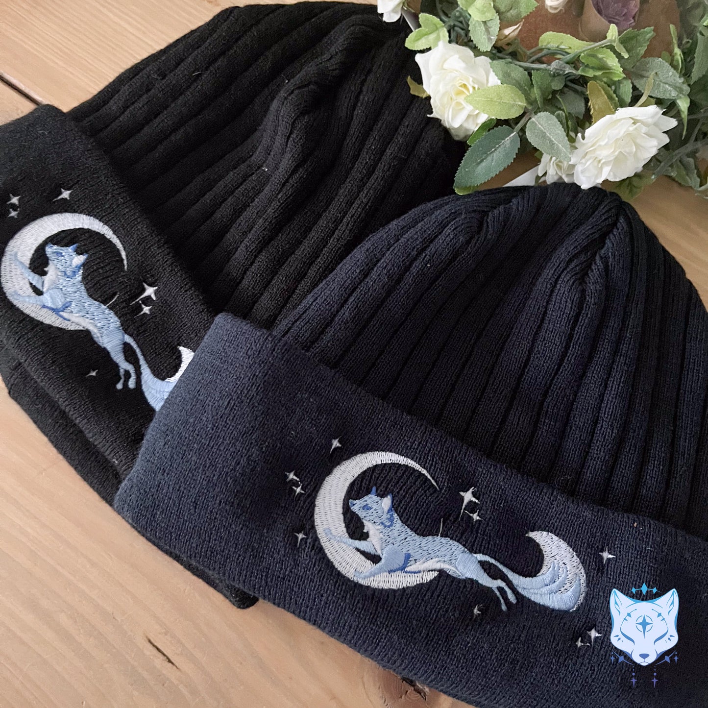 Moon Fox Beanie Blue OR Black (Fleece Lined!)