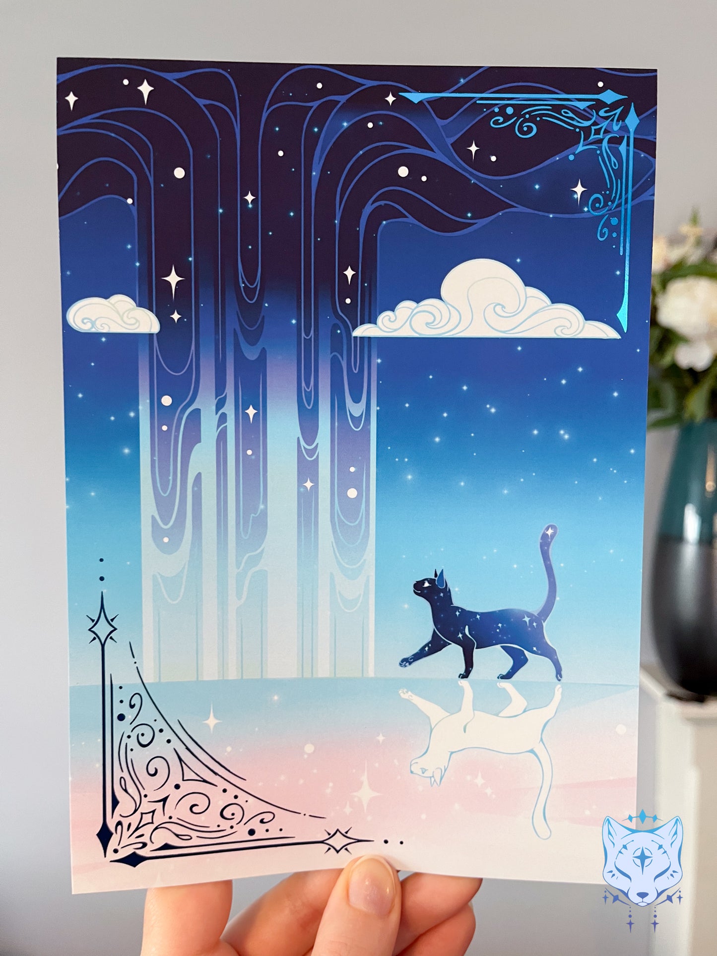 Reflection Waterfall - A5 Blue Foil Celestial Cat Print