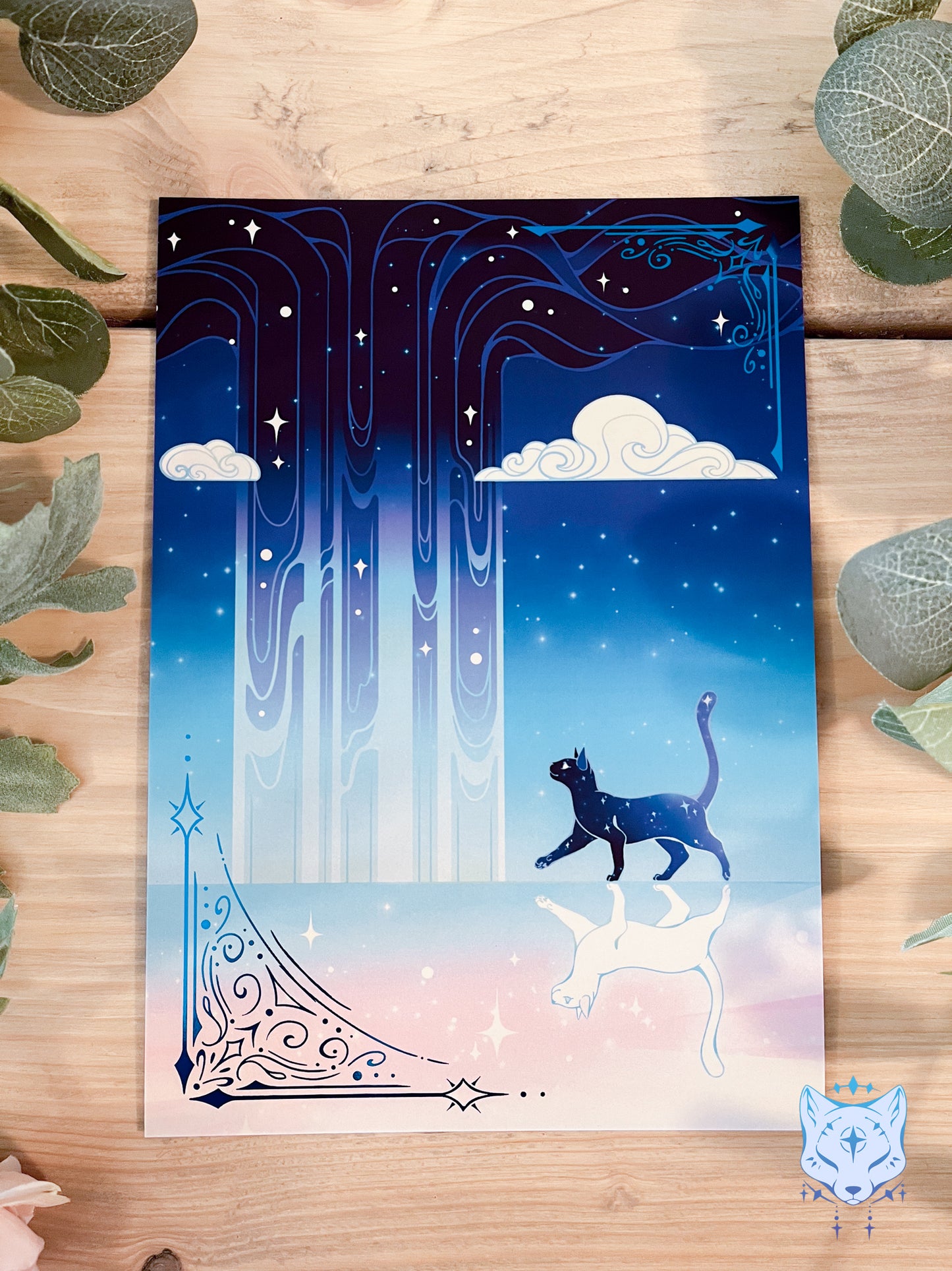 Reflection Waterfall - A5 Blue Foil Celestial Cat Print