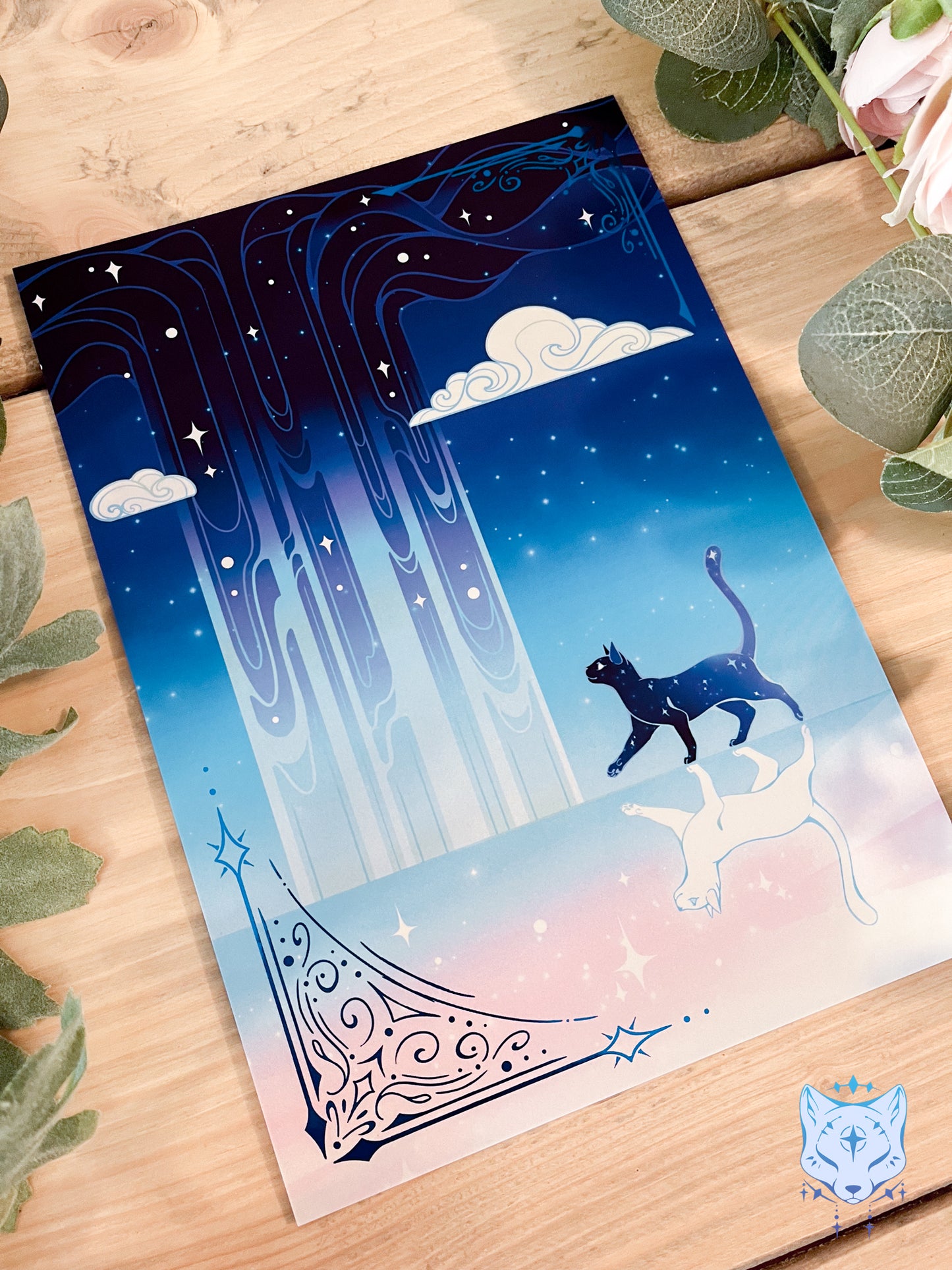 Reflection Waterfall - A5 Blue Foil Celestial Cat Print