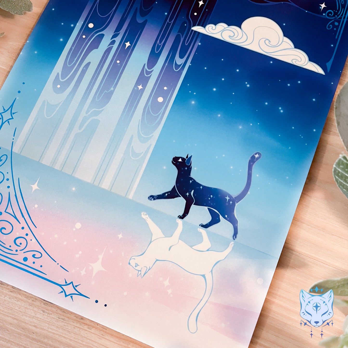 Reflection Waterfall - A5 Blue Foil Celestial Cat Print