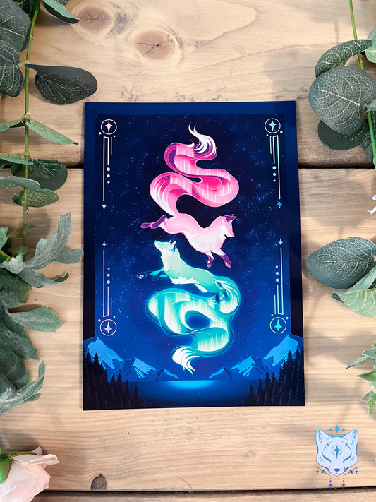 Aurora Foxes - A5 Holographic Foil Aurora Borealis Print