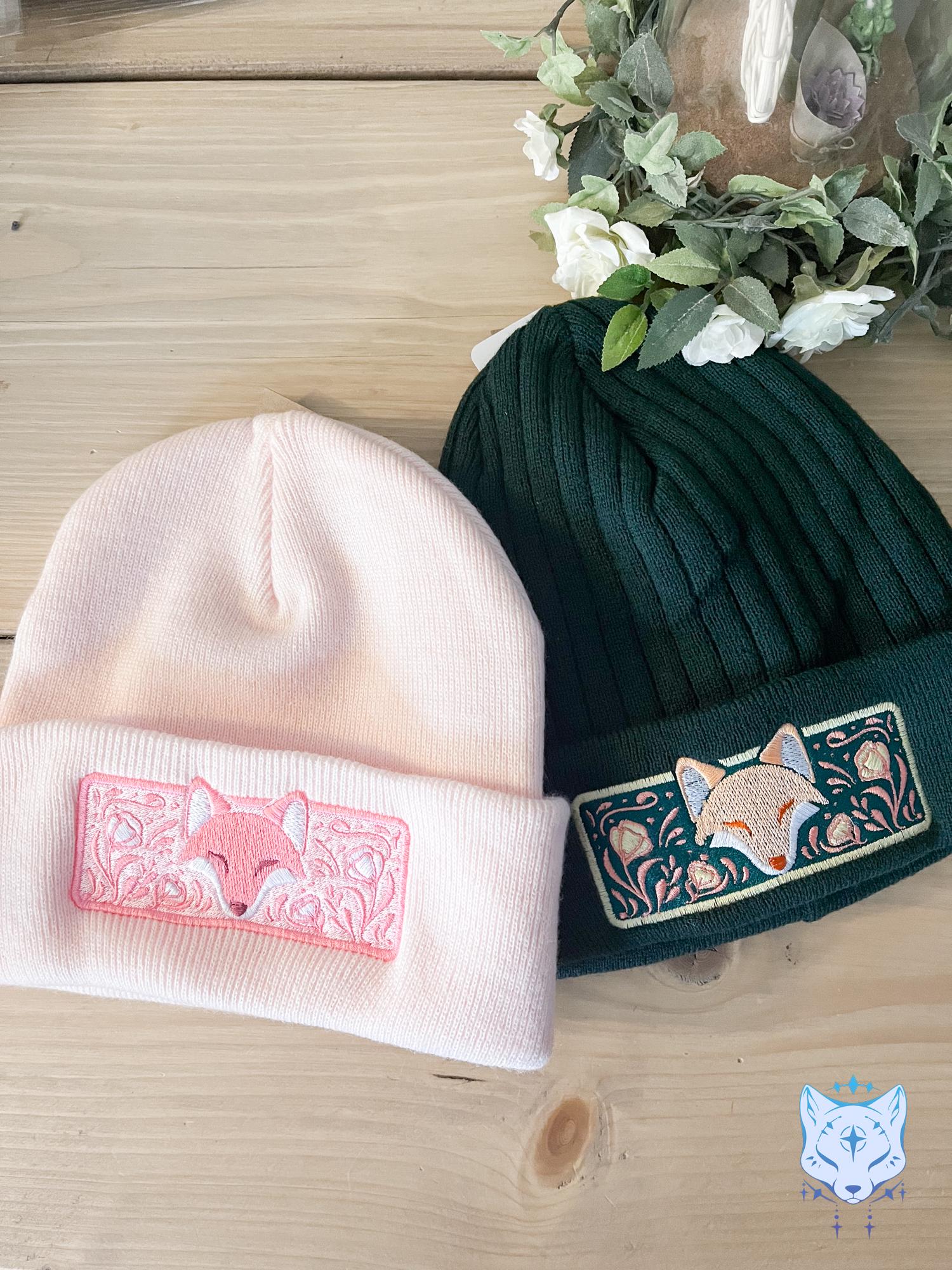 Fox Floral Embroidered Beanie - Pink