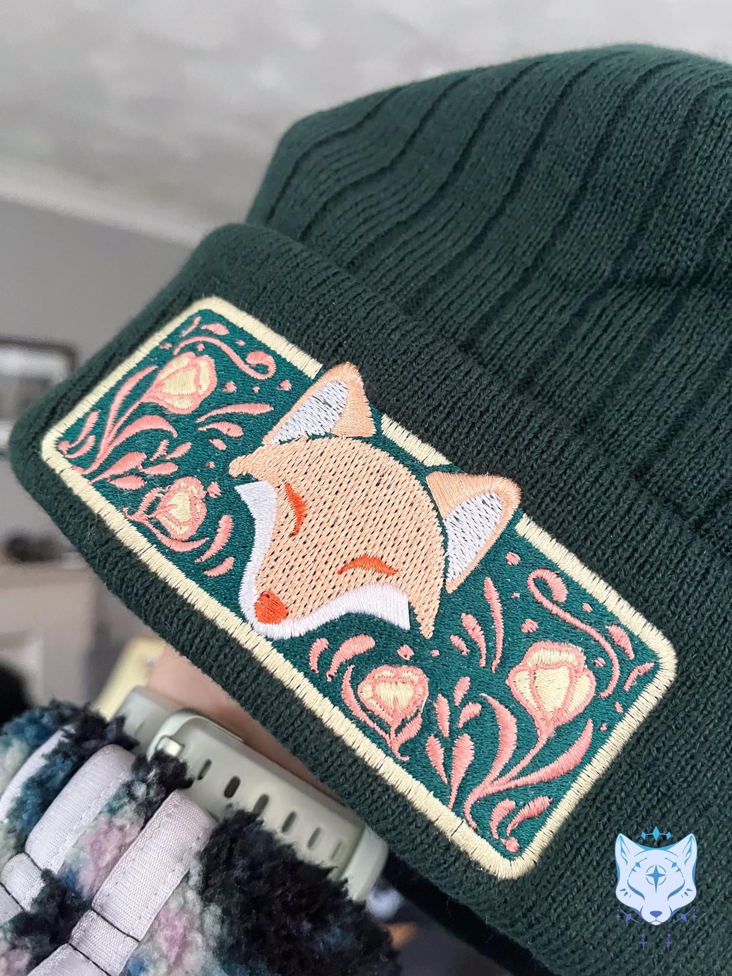 Fox Floral Embroidered Beanie