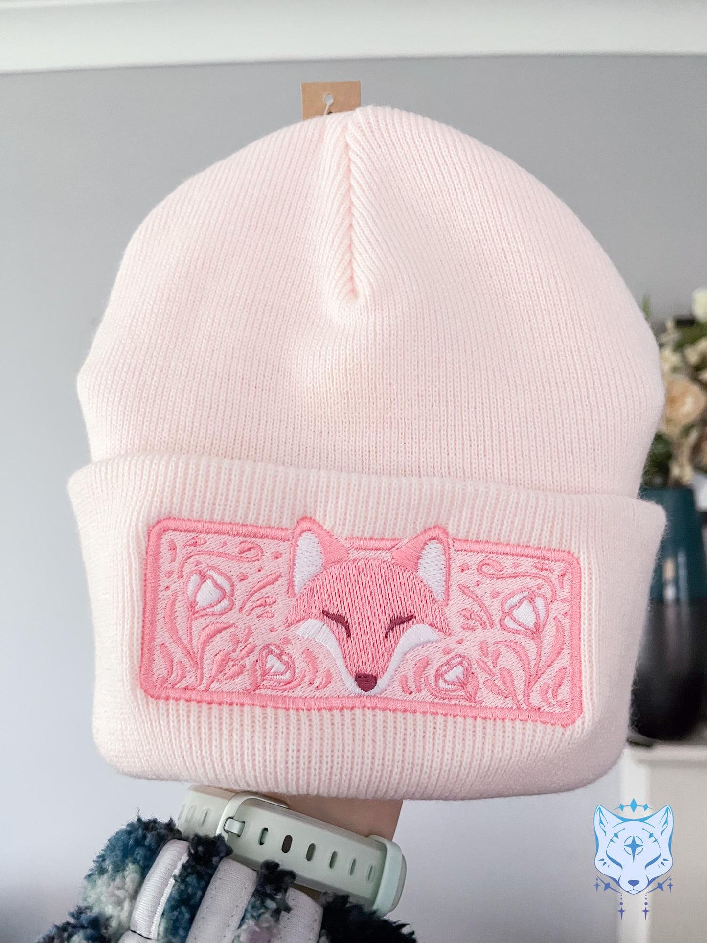 Fox Floral Embroidered Beanie - Pink