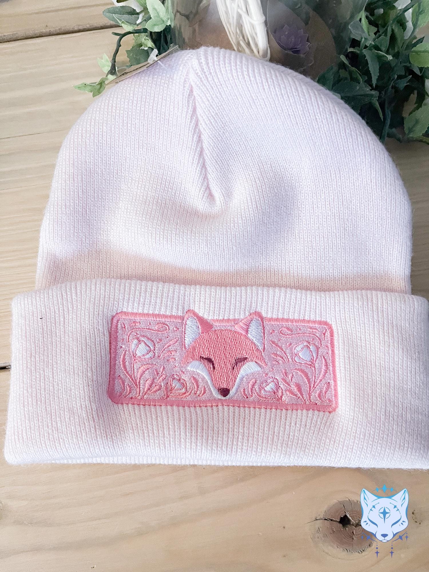 Fox Floral Embroidered Beanie - Pink