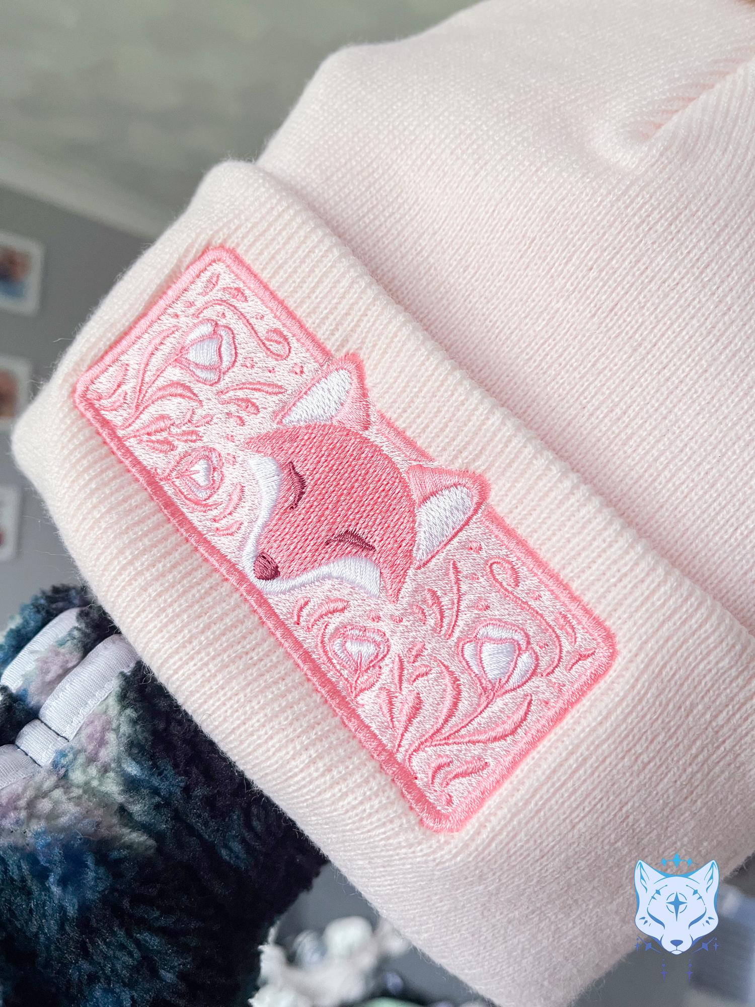 Fox Floral Embroidered Beanie - Pink