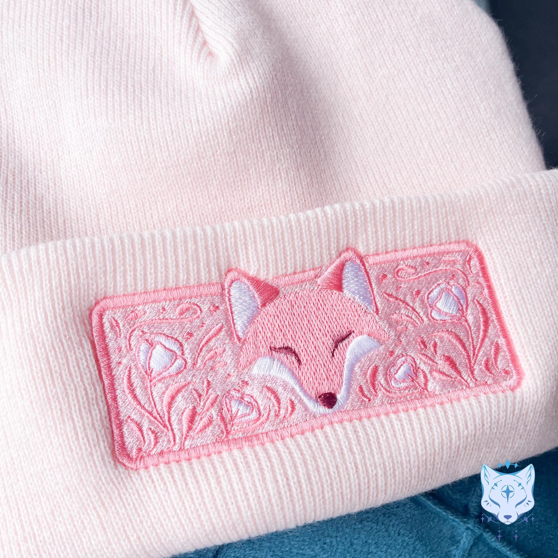 Fox Floral Embroidered Beanie - Pink